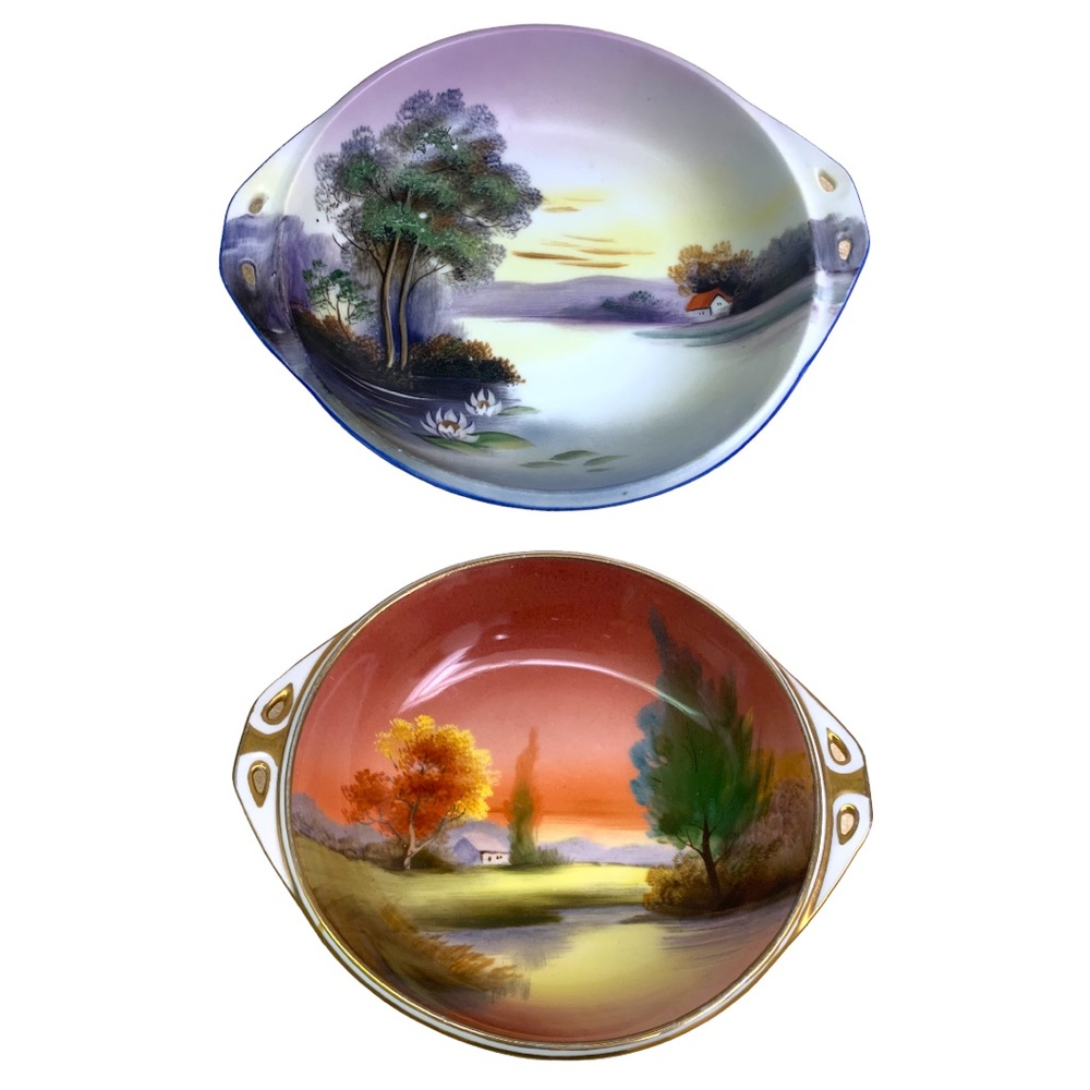 VTG Morimura Noritake Lustreware Cottage Lake Porcelain Handled Bowls Dish